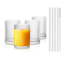 Load image into Gallery viewer, Classic Ribbed Drinking Glass Cups 280ml |Set of 4 | Includes Straws and Coasters