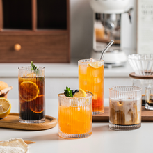 Load image into Gallery viewer, Classic Ribbed Drinking Glass Cups 370ml | Set of 4 | Includes Straws and Coasters