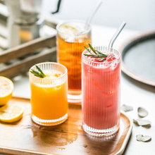 Load image into Gallery viewer, Classic Ribbed Drinking Glass Cups 370ml | Set of 4 | Includes Straws and Coasters