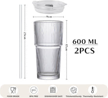 Load image into Gallery viewer, INSETLAN 2PCS 600ML Ribbed Glass Tumblers with Lids and Glass Straws, Leakproof Glass Cups, Coffee Glasses, Iced Coffee Cup, Glass Tumbler with Straw and Lid for Iced Coffee, Cocktail, Tea, Smoothie