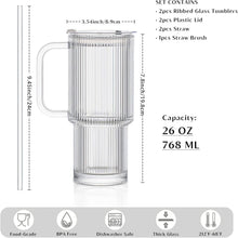 Load image into Gallery viewer, INSETLAN 26oz Ribbed Glass Tumbler with Handle & Lid – 2-Pack Large Iced Coffee Cups with Straws, Modern Glass Mug for Cold & Hot Beverages, Aesthetic Travel Cup for Smoothies, Tea, and Juice
