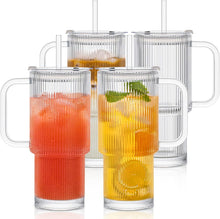 Load image into Gallery viewer, INSETLAN 26oz Ribbed Glass Tumbler with Handle & Lid – 2-Pack Large Iced Coffee Cups with Straws, Modern Glass Mug for Cold & Hot Beverages, Aesthetic Travel Cup for Smoothies, Tea, and Juice