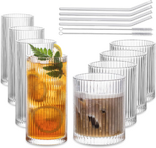 Load image into Gallery viewer, Classic Ribbed Drinking Glass Cups 370ml & 410ml | Set of 8 | Includes 4PCS Straws
