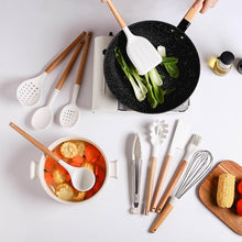 Load image into Gallery viewer, White/Black Silicone Cooking Utensils with Wooden Handles for Nonstick Cookware
