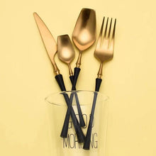 Load image into Gallery viewer, Black And Golden Plated Stainless Steel Flatware Set