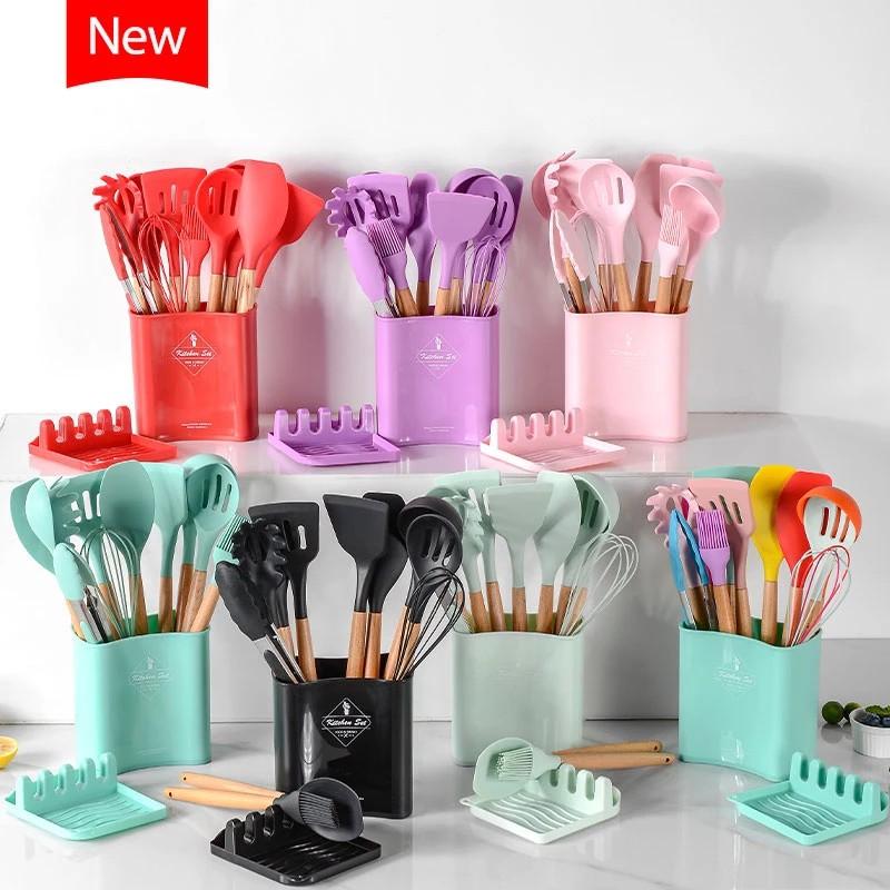 13Pcs Silicone Cooking Utensils Wooden Handle With Stainless Steel Sto –  INSETLAN