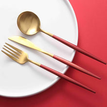 Load image into Gallery viewer, Stainless Steel Titanium Plated Red Golden Flatware Set