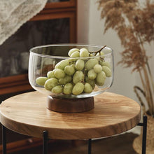 Load image into Gallery viewer, Large Glass Fruit Bowl - Clear Borosilicate Glass Fruit Bowl with Tray Wooden Base
