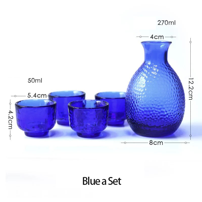 Japanese Sake Set for 4, Glass Hammer Pattern, 1 Cyrstal Clear Sake Bottle and 4 Sake Cups