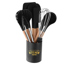 Load image into Gallery viewer, White/Black Silicone Cooking Utensils with Wooden Handles for Nonstick Cookware