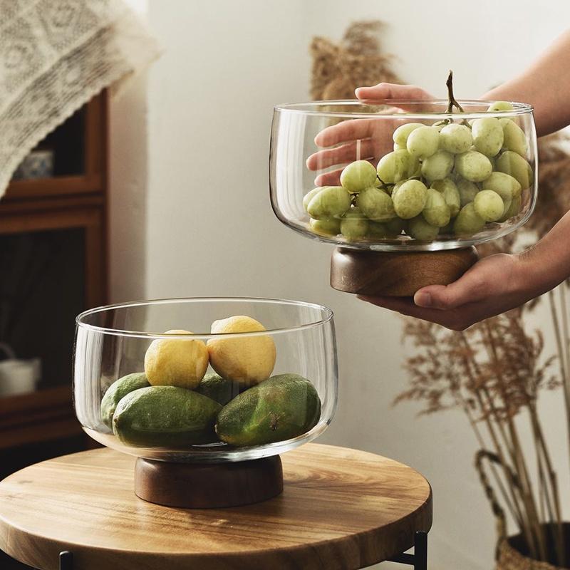Large Glass Fruit Bowl - Clear Borosilicate Glass Fruit Bowl with Tray Wooden Base