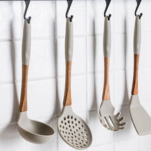 Load image into Gallery viewer, Gray Silicone Cooking Utensils with Wooden Handles (BPA Free)