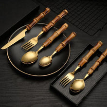 Load image into Gallery viewer, Bamboo Flatware Sets Stainless Steel Cutlery, Naturally Handmade