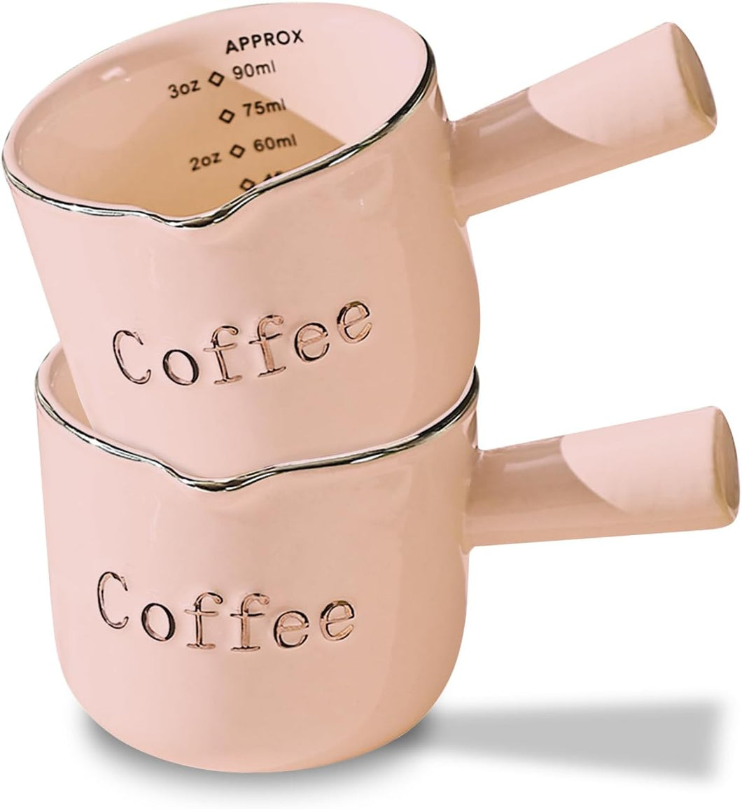 INSETLAN Espresso Cups, 2 Pack Espresso Coffee Ceramic Measuring Cup, 90ML Espresso Cups with Handle, Espresso Shot Coffee Cup with V-Shaped Mouth, Pitcher for Coffee Espresso Making Frothing