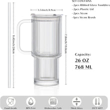 Load image into Gallery viewer, INSETLAN 26oz Ribbed Glass Tumbler with Handle &amp; Lid – 2-Pack Large Iced Coffee Cups with Straws, Modern Glass Mug for Cold &amp; Hot Beverages, Aesthetic Travel Cup for Smoothies, Tea, and Juice
