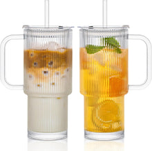 Load image into Gallery viewer, INSETLAN 26oz Ribbed Glass Tumbler with Handle &amp; Lid – 2-Pack Large Iced Coffee Cups with Straws, Modern Glass Mug for Cold &amp; Hot Beverages, Aesthetic Travel Cup for Smoothies, Tea, and Juice
