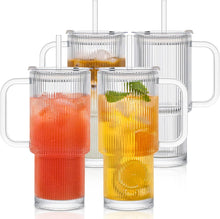 Load image into Gallery viewer, INSETLAN 26oz Ribbed Glass Tumbler with Handle &amp; Lid – 2-Pack Large Iced Coffee Cups with Straws, Modern Glass Mug for Cold &amp; Hot Beverages, Aesthetic Travel Cup for Smoothies, Tea, and Juice
