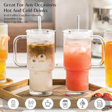 Load image into Gallery viewer, INSETLAN 26oz Ribbed Glass Tumbler with Handle &amp; Lid – 2-Pack Large Iced Coffee Cups with Straws, Modern Glass Mug for Cold &amp; Hot Beverages, Aesthetic Travel Cup for Smoothies, Tea, and Juice
