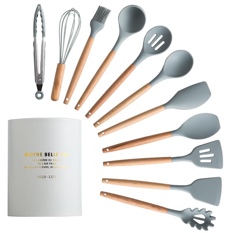 12pcs Silicone Kitchen Utensils Set With Wooden Handle, Including Storage  Bucket, Non-stick Cookware, Heat Resistant Spatula