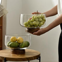 Load image into Gallery viewer, Large Glass Fruit Bowl - Clear Borosilicate Glass Fruit Bowl with Tray Wooden Base
