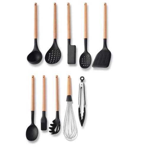 White/Black Silicone Cooking Utensils with Wooden Handles for Nonstick Cookware