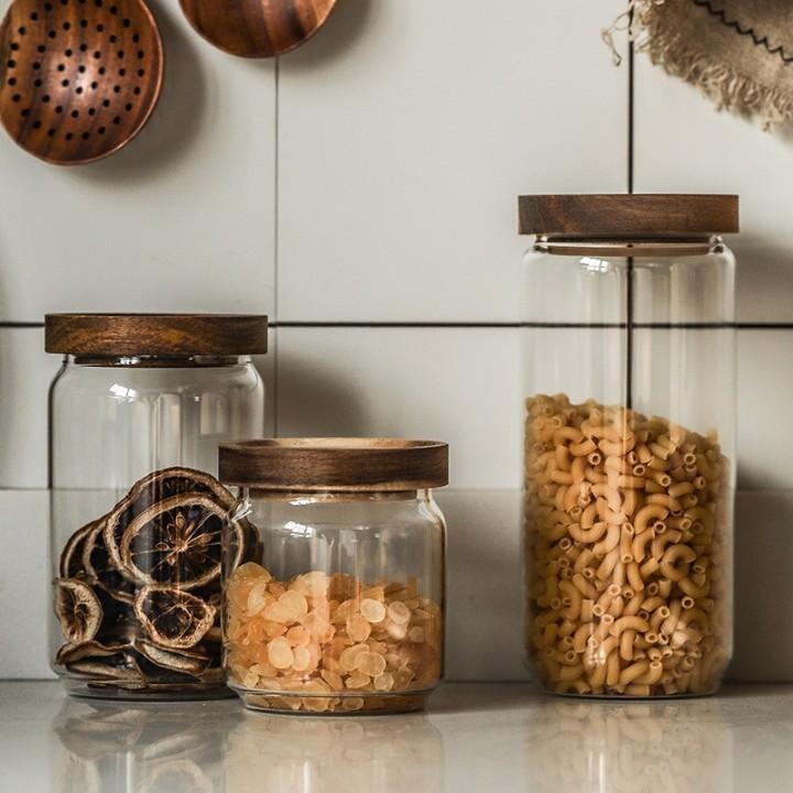 2x 450ml Clear Food Sealed Storage with Bamboo Lids & Spoons Glass Storage  Jar