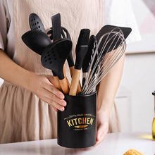 Load image into Gallery viewer, White/Black Silicone Cooking Utensils with Wooden Handles for Nonstick Cookware
