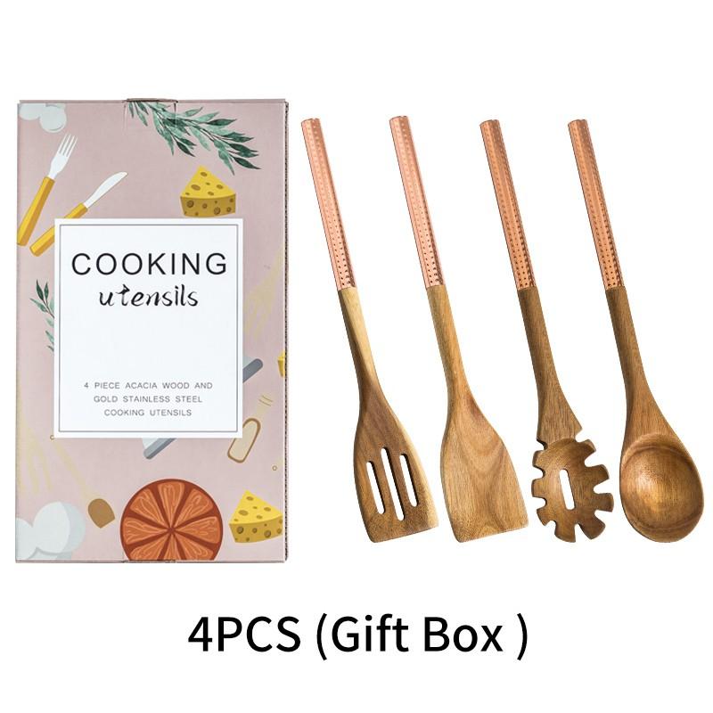 Wooden Cooking Utensils Set with Pink Rose Gold Handles