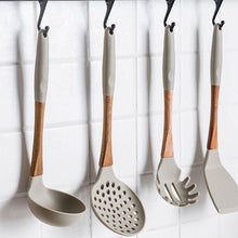 Load image into Gallery viewer, Gray Silicone Cooking Utensils with Wooden Handles (BPA Free)
